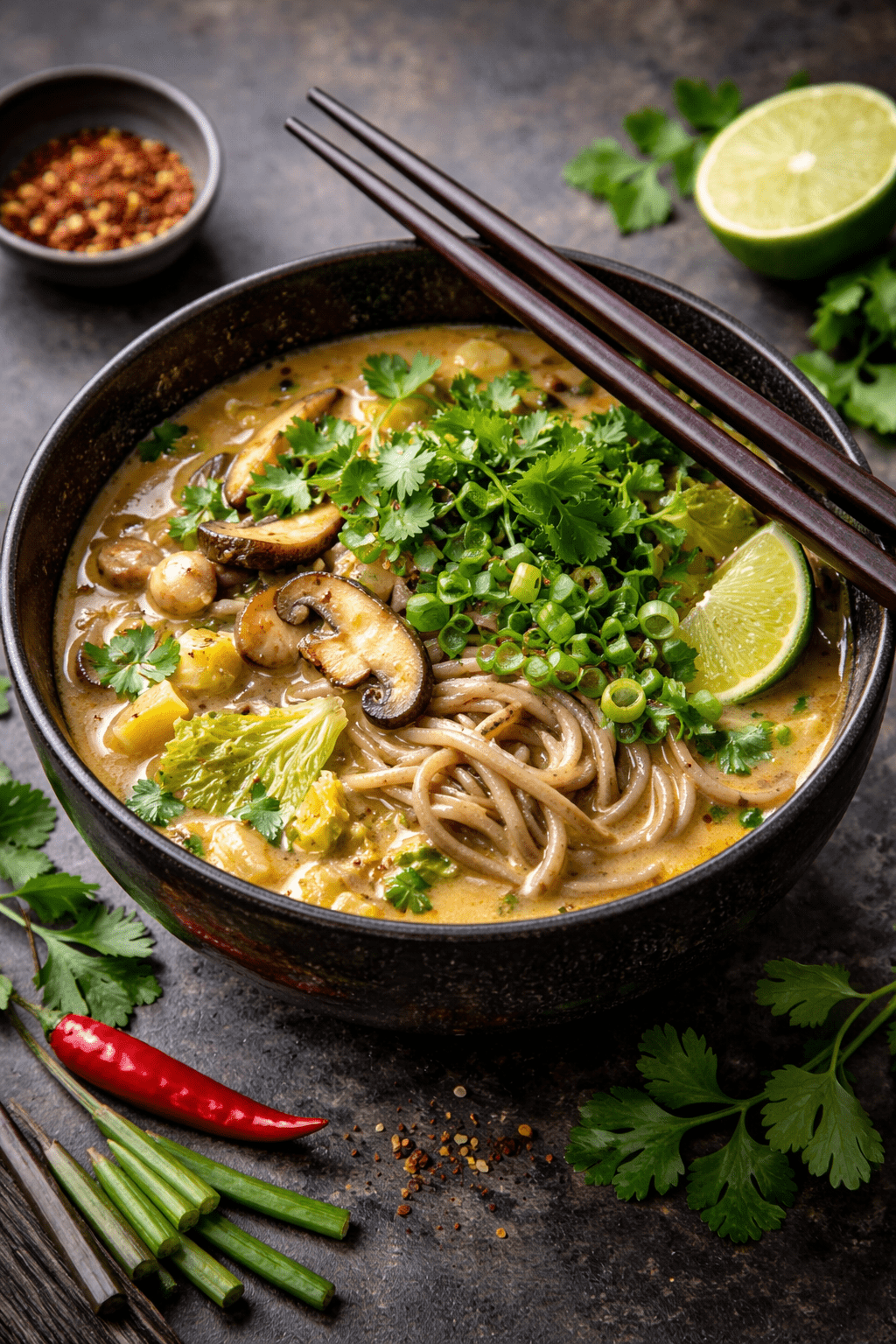 Ramensuppe mit Chinakohl, Champignons und Kokos-Curry, serviert mit Nudeln, Frühlingszwiebeln, Koriander und Limette in einer schwarzen Schale - Rezept vom Obstkorb Neuenkirchen