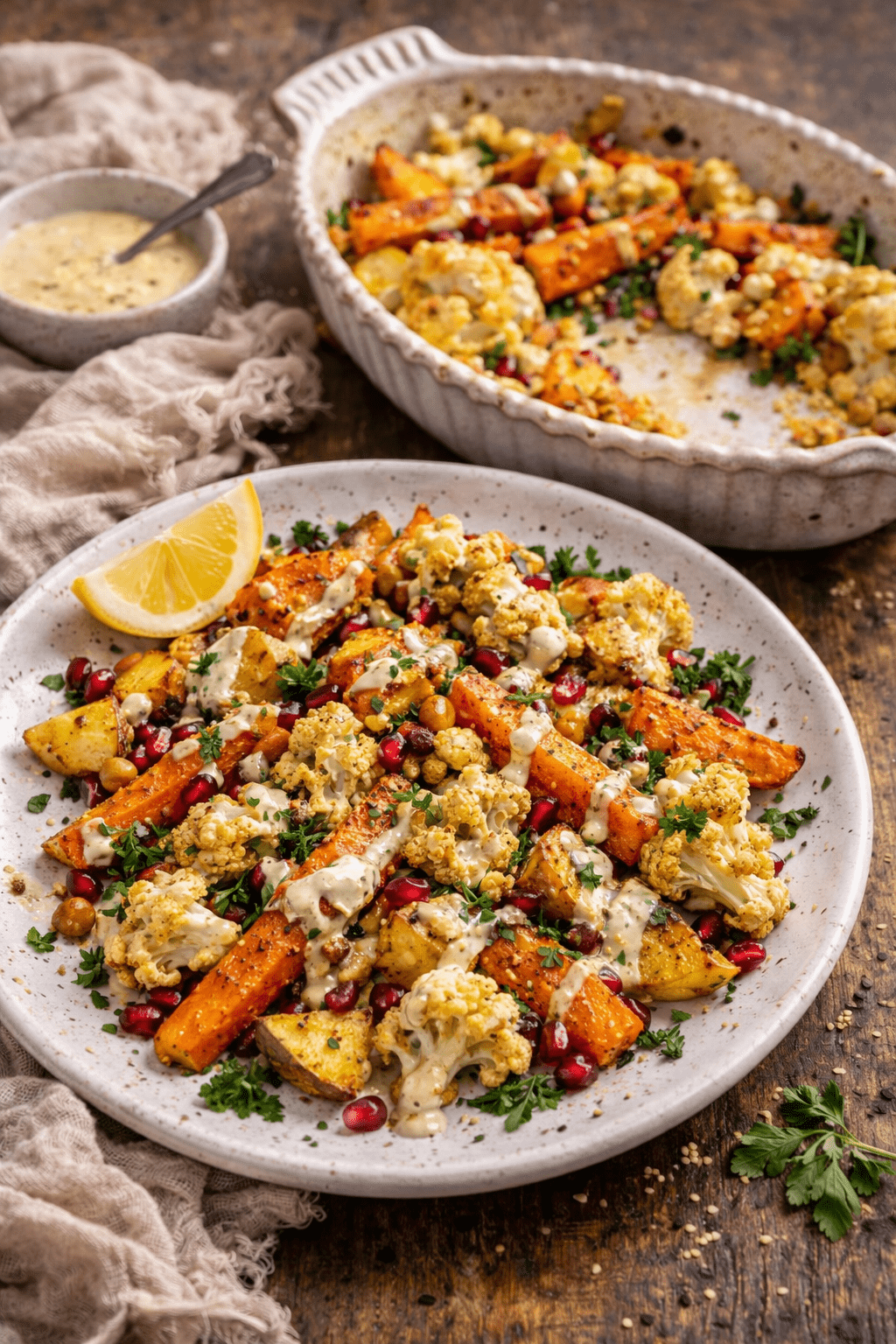 Ofengemüse mit Karotten, Blumenkohl und Kartoffeln, garniert mit Tahini-Zitronen-Dressing, Kräutern und Granatapfelkernen auf einem Teller serviert - Rezept vom Obstkorb Neuenkirchen