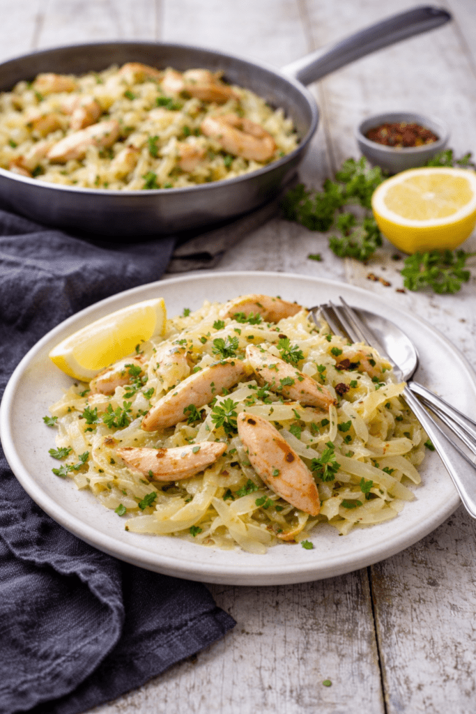 Fenchel-Weißkohl-Pfanne mit Hähnchen, serviert auf einem Teller mit Zitrone und frischen Kräutern - Rezept vom Obstkorb Neuenkirchen