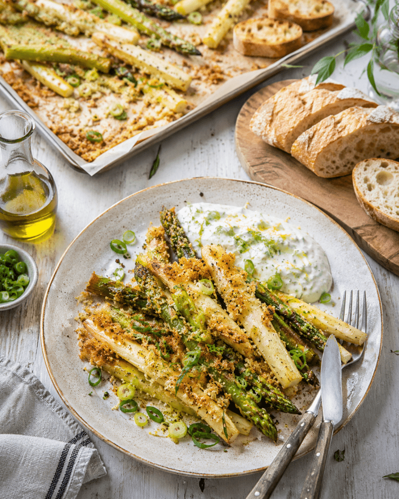Knusper Spargel vom Blech mit Panko-Parmesan und Zitronenjoghurt